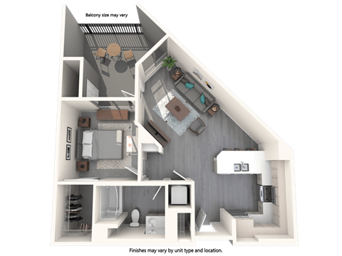 Floor plan for 1 bed, 1 bath, 726 sqft